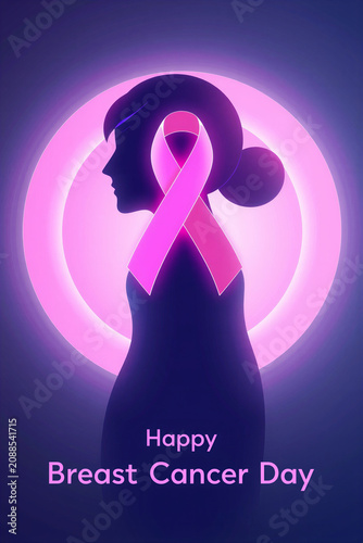 Breast Cancer Day Awareness - Woman Silhouette with Pink Ribbon