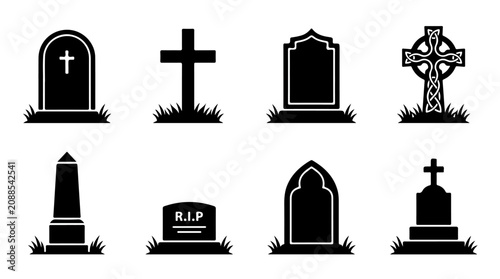 Cuadro en lienzo Gravestone and cross silhouette illustration featuring various tomb designs repr