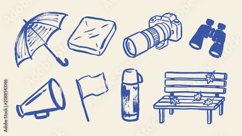 Schilderij op canvas Hand drawn blue ink sketch icons of travel and leisure objects including camera
