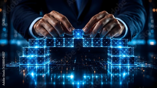 Specialized cybersecurity engineer constructing a solid glowing digital cube wall symbolizing impenetrable cyber defense secure firewall protection and futuristic enterprise data safety