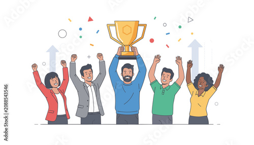 Diverse office team raises a large gold trophy in celebration of their successful business goals and accomplishments together.