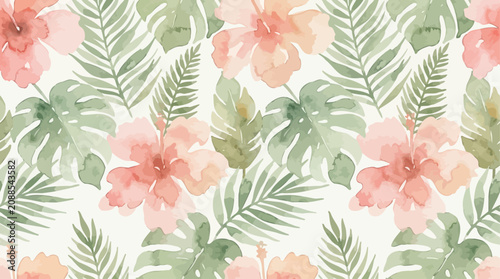 Soft Watercolor Hibiscus Flower and Tropical Palm Leaf Seamless Pattern Design for Fabric and Wallpaper Print