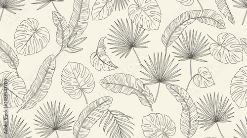 Seamless pattern with hand drawn outline tropical leaves on beige background