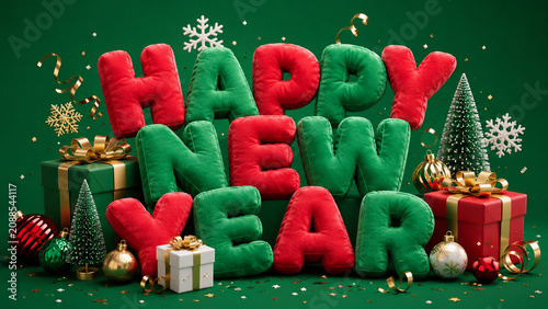 Plush Happy New Year letters with gifts and festive decorations on a green background.