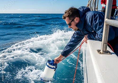 Scientist on Research Vessel Collecting Water Samples from the Ocean