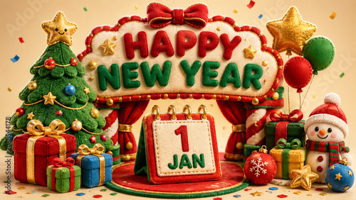 Plush Happy New Year stage with a Christmas tree, gifts, calendar and snowman.
