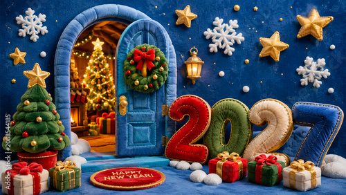 Plush Christmas doorway with 2027 numbers, gifts and a glowing tree.