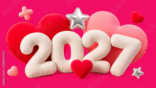 Cream plush 2027 numbers with red hearts on a bright pink background.