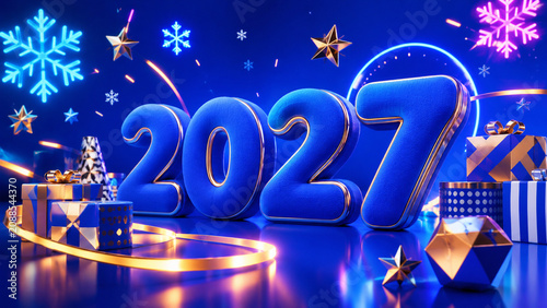 Futuristic blue 2027 display with neon snowflakes, gifts and glowing lights.