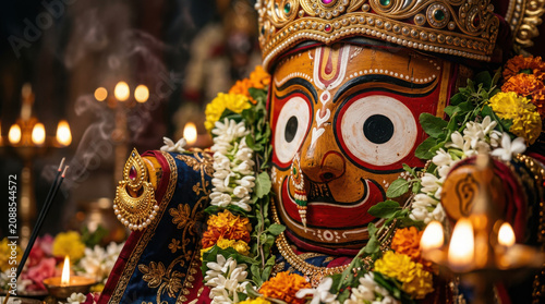 Wooden idol of lord jagannath decorated with flower garlands, jewelry, and lit generated using ai