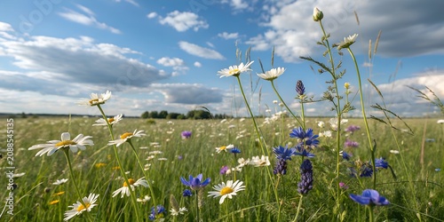Wildflowers blooming in a green meadow under a blue summer sky with wildflowers blooming landscape botanical colorful environment countryside sunlight daylight meadowland background