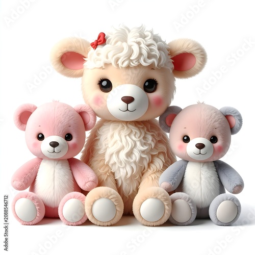 Cute Plush Lamb and Teddy Bears Sitting Together on White Background