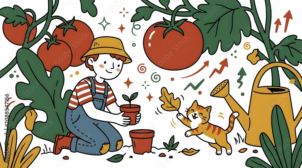 Fototapeta premium Happy boy gardener holding plant pot near giant ripe tomatoes and cute kitten flat design