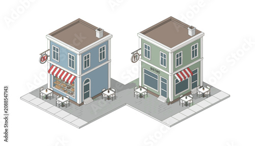 Pair of colorful miniature isometric bistro buildings with outdoor seating areas and striped awnings on a paved city sidewalk setting.