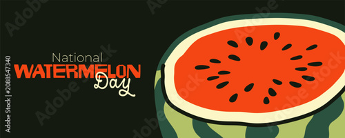 National watermelon day banner template with big fruit slice on black background in hand drawn flat style