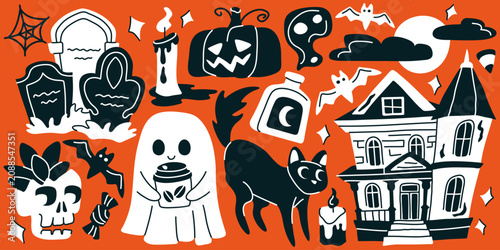 Spooky black and white Halloween hand drawn vector clipart set for festive sticker and poster design
