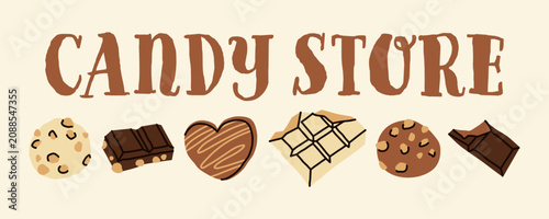 Candy Store Horizontal Banner Template with Hand Drawn Chocolates and Cookies in Minimalist Doodle Style for Advertising
