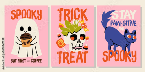 Cute Halloween ghost, skull and spooky cat hand drawn vector poster set
