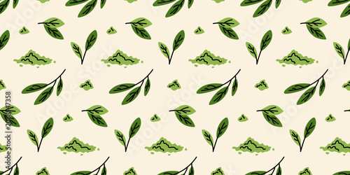 Matcha powder and green tea leaves hand drawn seamless pattern
