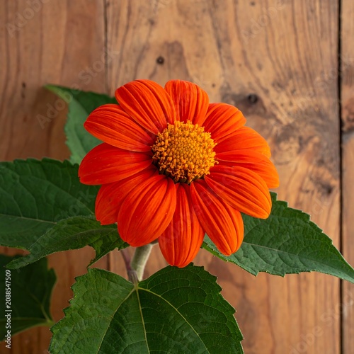 Vibrant Orange Flower Blooming with Green Leaves Against Rustic Wooden Background