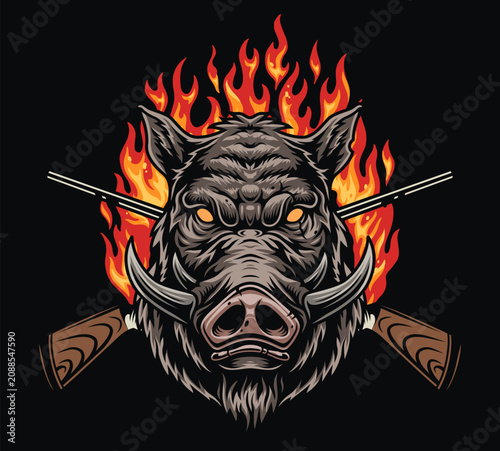 Tableau sur toile Wild boar head with flames