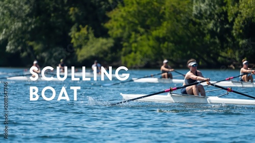 Group Sculling on the Water Active Outdoor Sport on a Calm Day