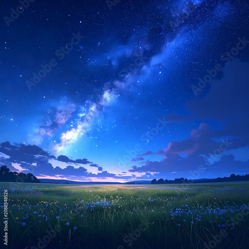 Luminous Starry Sky Glowing Over Tranquil Wildflower Meadow at Night