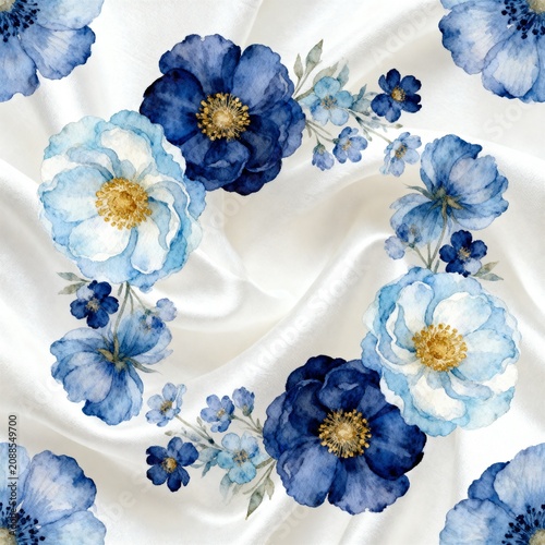 An elegant, seamless watercolor-style pattern featuring a wreath-like arrangement of blue and pale blue peony-style blossoms on a soft, draped white fabric background.