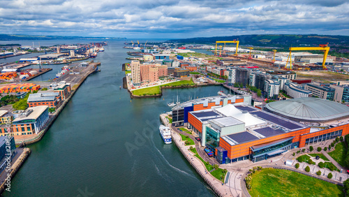 Принти на полотні Aerial view of Belfast harbour with  River, Lagan in Northern Ireland, United Ki
