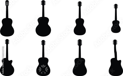 Bild auf Leinwand Acoustic guitar silhouettes set including classical guitar, ukulele, and resonat