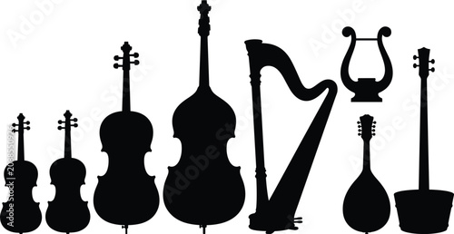 Collection of stringed musical instrument silhouettes including violin cello double bass harp lyre mandolin and banjo vector
