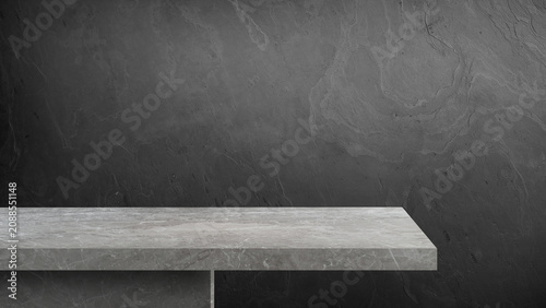 Empty grey marble table countertop showroom display shelf against dark charcoal stone slate wall texture backdrop background, horizontal presentation stage mockup for product placement.