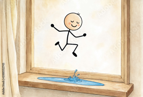 Stick figure jumping over a small puddle on a wooden windowsill. Watercolor illustration.