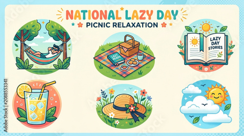 Bild auf Leinwand National lazy day picnic relaxation icons set featuring hammock book drink sun w
