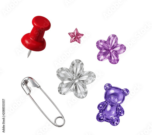 Glossy purple teddy bear charm, crystal flowers and classic safety pins with red pushpin