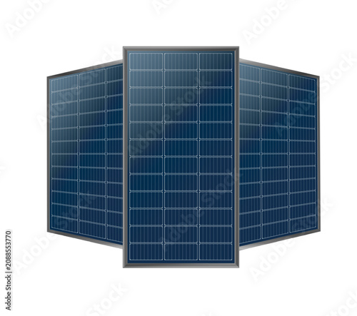 Modern solar panel system with photovoltaic cells converting sunlight into clean energy, realistic 3D design on transparent background for sustainable power generation projects.