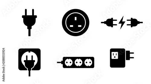 Electrical plug and socket icons illustration featuring power connections, outlets, and cords representing energy, technology, and electrical safety concepts