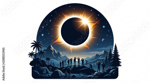 Total solar eclipse landscape vector illustration with silhouetted observers, telescopes, and camping tents under a starry sky