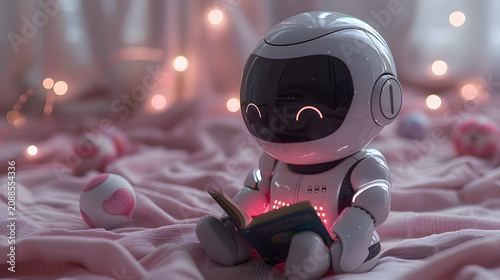 Conceptual Cartoon Artwork of Adorable Android Reading Storybook, Soft Pastel Colors, Children’s Education Concept
