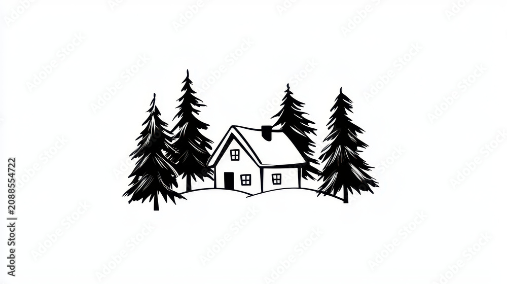 Obraz premium Simple black and white illustration of cozy house surrounded by tall pine trees, evoking serene winter atmosphere
