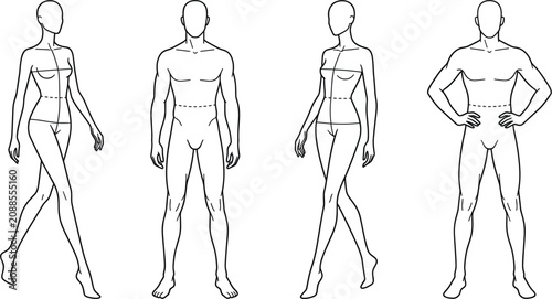 Male and Female Fashion Croquis Template Set Featuring Front and Side View Mannequin Croquis Figures for Clothing Design Sketching Line Art Vector Illustrations