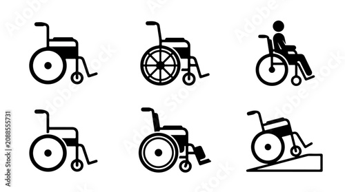 Wheelchair and accessibility icons illustration featuring mobility aids and ramps representing inclusion, independence, and support for people with disabilities
