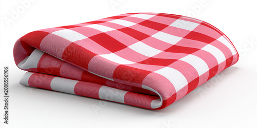 Red and white checkered picnic blanket folded on white background  