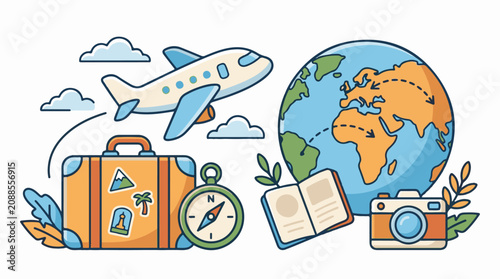 A colorful illustration of travel elements including a plane globe suitcase compass book and camera