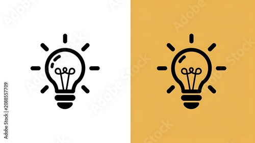 Light bulb icons, black line art, creative ideas, business concepts, symbol set