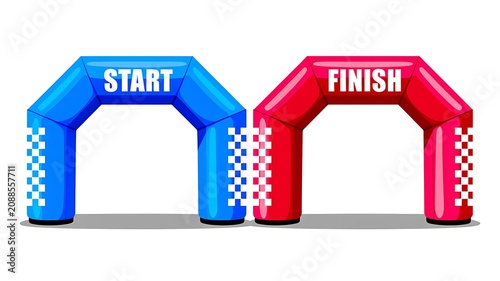 Inflatable race start, finish line arches, blue and red, checkered pattern, event entrance