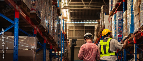 Warehouse worker and factory manager using a digital tablet to check barcodes and inspect stock inventory in an industrial logistics facility