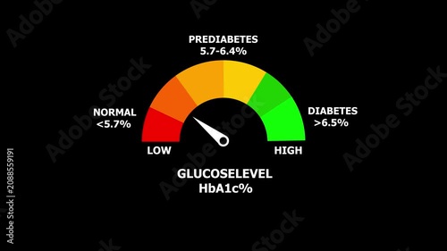Glucose meter shows blood sugar levels. Medical indicator reflects health monitoring and diabetes risk. Glucose meter showing prediabetes range with normal and low indicator.
