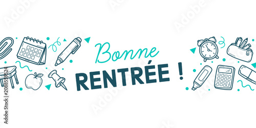 Bannière horizontale “Bonne rentrée !” avec message de bienvenue et pictogrammes scolaires de part et d’autre, idéale pour communication d’école, newsletter, bannière web ou visuel de rentrée.