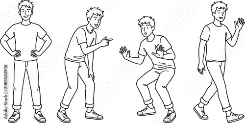 Young man character poses set with different emotions and gestures standing pointing scared waving line art vector illustration.